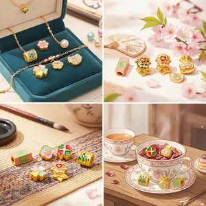 Detail view of Chinese style gold lucky charms with koi fish and clover patterns