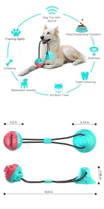 Suction cup dog molar toy with spiked ball, dimensions 16.9in length, features teeth cleaning