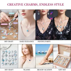 Umfassende Ansicht blauer Glasanhänger für DIY-Schmuck in verschiedenen Alltagsszenarien.