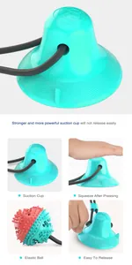 Detail views of pet suction cup molar ball toy showing strong grip and elastic ball