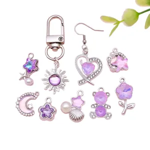 Lila Zirkon- und Glasanhänger-Set mit Sternen, Herzen und Blumen für DIY-Schmuck