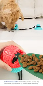 Close-up detail of interactive food dispensing dog toy being filled with pet kibble.