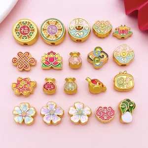 Retro Chinesischer Stil Zinklegierung Zwischenperlen Emaille Lotus Chinesischer Knoten Fu Zeichen DIY Schmuckherstellung Zubehör