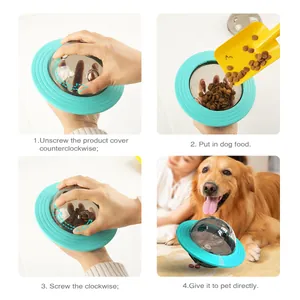 Guide complet montrant comment remplir et utiliser le jouet distributeur de croquettes UFO.