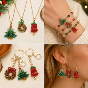 Detailed collage of handmade Christmas beaded jewelry including tree wreath and bell designs.