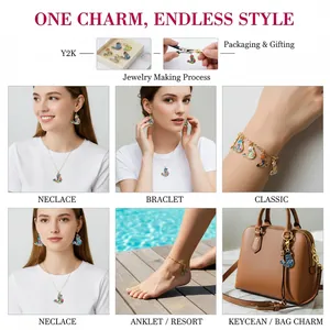 Colorful enamel bird charms shown as necklace, bracelet, anklet, and bag accessories