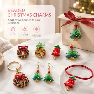 Detailed shot of festive beaded Christmas tree, wreath, and bell charms for DIY crafts.