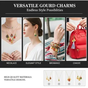 Detail view of Chinese style matte gold gourd charms for necklaces, bracelets and bags