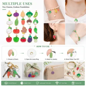Detailed view of assorted vegetable enamel charms for DIY jewelry like bracelets and earrings
