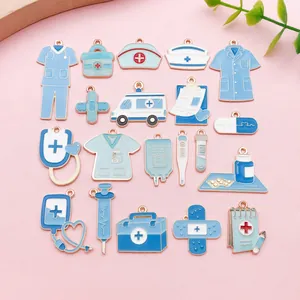 Medizinische Serie Legierung Emaille Charms Blau Krankenschwester Hut Krankenwagen Spritze Stethoskop Anhänger Für DIY Ohrring Armband Schmuckherstellung Zubehör