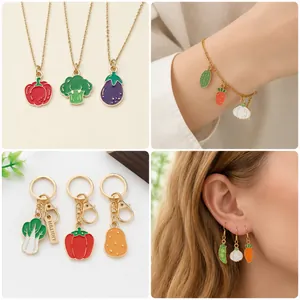 Cute enamel vegetable jewelry set featuring carrot, broccoli, and pepper charms for DIY