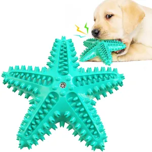 Close-up of durable starfish-shaped squeaky chew toy for puppies to clean teeth