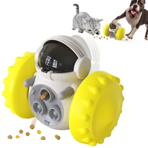 Interactive pet slow feeder toy featuring balanced wheels and kibble dispensing design