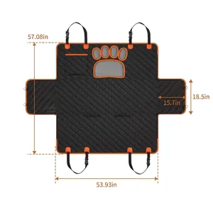 Housse de siège auto imperméable pour chiens avec dimensions en cm, noir et orange.