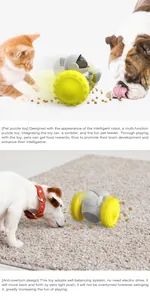 Robot-style pet puzzle toy and slow feeder shown in use by a cat and dog on a carpet.