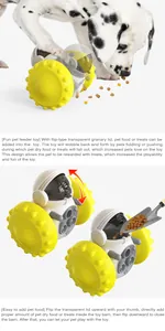 Detailed instruction showing how to add dry food to the balanced car pet feeder toy.