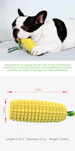 Jouet à mâcher pour chien en forme de maïs avec dimensions et vue d'utilisation.