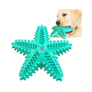 Starfish shaped squeaky dog chew toy for aggressive chewers and dental care in turquoise