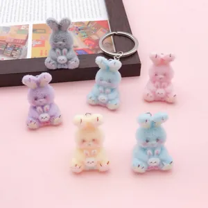 Breloques lapin mère-enfant en résine floquée colorée pour porte-clés et bijoux DIY
