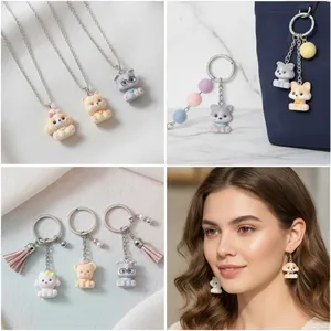 Detailed view of 3D cartoon dog charms used as necklaces, keychains, and earrings.