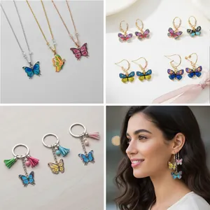 Vintage gradient alloy butterfly jewelry set including necklaces, earrings and keychains
