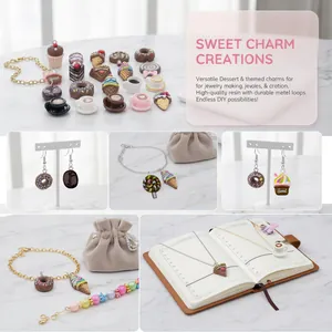 Detail of chocolate-themed resin charms including donuts and coffee for DIY jewelry.