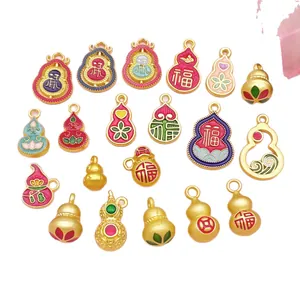 Chinese style matte gold gourd charms with enamel lotus and Fu character for DIY jewelry