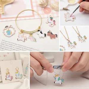 Detail shots of colorful unicorn enamel charms for DIY necklace and bracelet jewelry