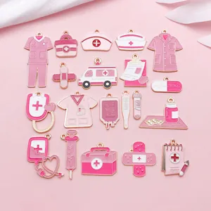 Pink Nurse Theme Enamel Drip Oil Zinc Alloy Medical Pendant Set Stethoscope Ambulance Syringe Shape Jewelry Making DIY Accessories