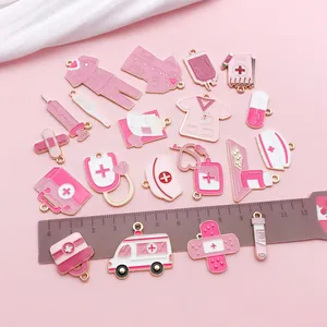 Set of pink medical enamel charms including nurse hat and ambulance for DIY jewelry making