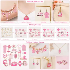 Process and application detail for pink medical-themed enamel charms in DIY jewelry making.