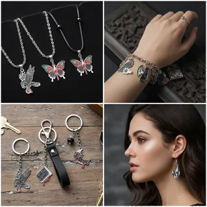 Gothic punk style jewelry detail close-up, alloy raven bat butterfly pendant accessories.