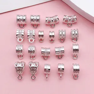 Retro Bright Silver Alloy Bail Beads Multiple Styles Vintage Floral Pattern Connector For Necklace Bracelet Jewelry Making