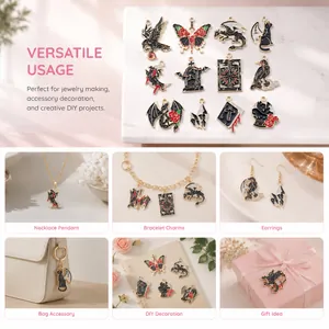 Macro view showing various gothic enamel charms used as necklace and bracelet accessories.