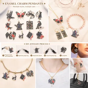 Gothic enamel charms set featuring dragon and raven designs for DIY jewelry accessories.