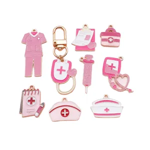 Pink enamel medical charms set with nurse hat syringe and stethoscope for DIY jewelry