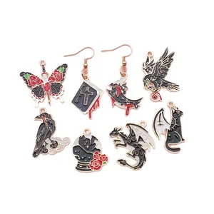 Gothic dark style enamel charms featuring dragon, raven, and butterfly for DIY jewelry making