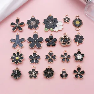 Black Enamel Flower Charms Zinc Alloy Rhinestone Artificial Pearl Floral Pendants For DIY Earrings Bracelet Jewelry Making