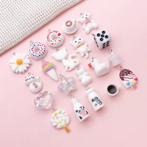 White resin charms set including bear, cat, donut, and milk bottle for DIY jewelry