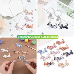 Detailed showcase of cartoon dachshund charms applied to necklaces and keychains.
