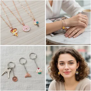 Collection of colorful DIY enamel food charms featuring pizza, donuts and cute cupcakes