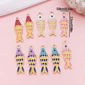 Detail view of colorful Japanese koi fish enamel charms showing dimensions 2.5cm by 0.8cm