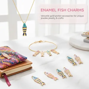 Close-up of colorful enamel fish charms for DIY gold-plated necklace and bracelet jewelry.