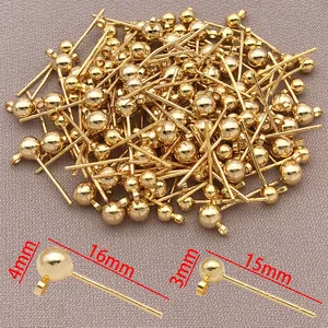 Detail view of 18k gold plated ball stud earrings with 3mm and 4mm size measurements