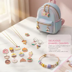 Variety of colorful enamel food charms including donuts and pizza for DIY jewelry.