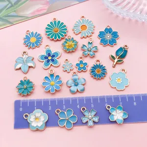 20 stuks assorti meerblauwe bloem emaille bedeltjes voor DIY sieraden met liniaal schaal