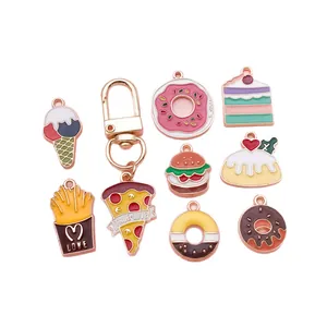 Assorted food-themed enamel alloy charms set including donuts, pizza, and cake pendants