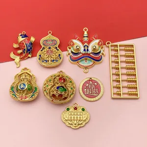 Chinese Style Ancient Gold Alloy Enamel Charms For DIY Jewelry Making Abacus Gourd Dancing Lion Koi Fish Pendant Set Accessories