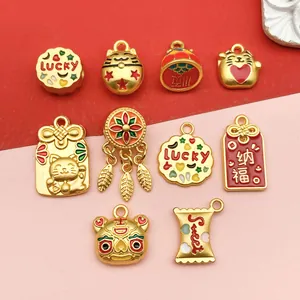 Sand Gold Enamel Lucky Cat Lucky Star Pendants For DIY Jewelry Making Traditional Chinese Style Charms For Necklace Bracelet Making Accessory