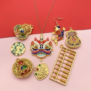 Detailed view of traditional Chinese enamel charms including lion dance head and golden abacus